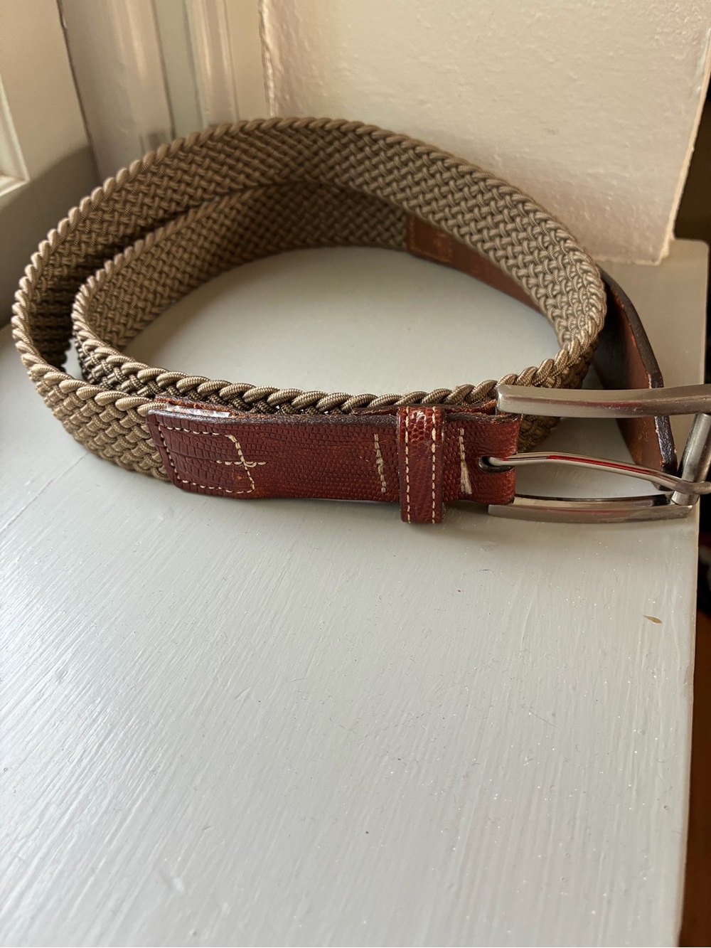 Rare Vintage 80s LL Bean Woven Stretch Belt Size 42 Diamond Logo Lizard Leather